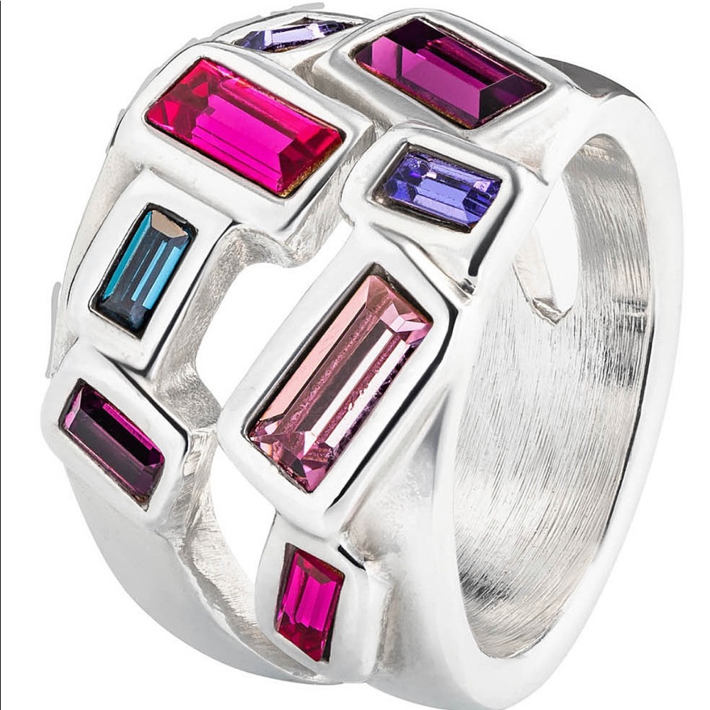 UNO de 50 Pink Lady Silver Ring & Multi-colored Faceted Crystals Size 6 (12) NWT
